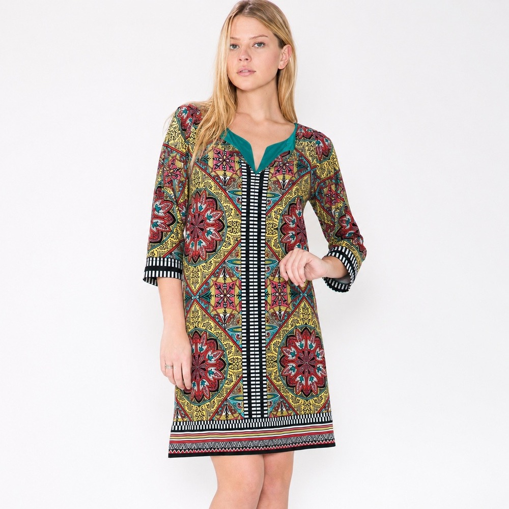 Laundry by Shelli Segal Size 6 Boho Statement Medallion Print Shift Dress‎
